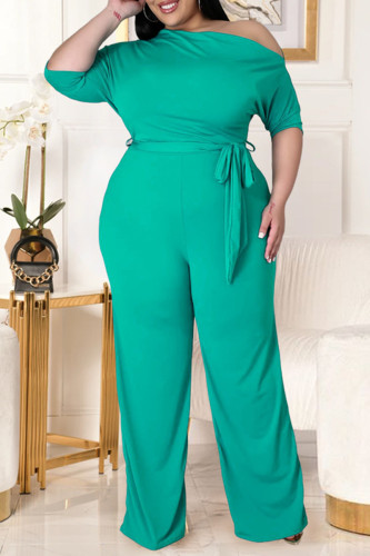 Lake Green Mode Casual Solid Backless med bälte Sned krage Plus Size Jumpsuits