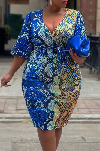 Vestidos Sexy Azul Estampado com Cinto decote V Reto Plus Size