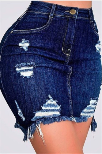 Saia jeans sexy fashion com buraco quebrado azul escuro
