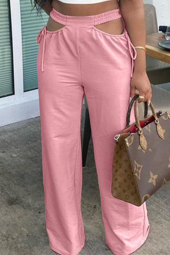 Calças largas de cintura alta moda casual rosa sólida vazadas regulares