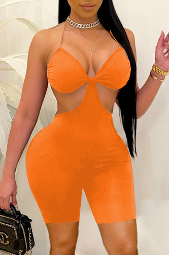Macacão skinny laranja sexy sólido vazado sem costas design halter roupa de banho