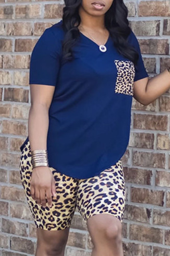 Azul moda casual estampa de leopardo decote em v manga curta duas peças