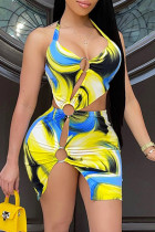 Yellow Blue Fashion Sexy Print Hollowed Out Backless Halter Sleeveless Dress