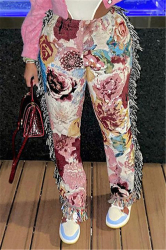 Pantaloni a vita media con nappe con stampa casual alla moda rosa