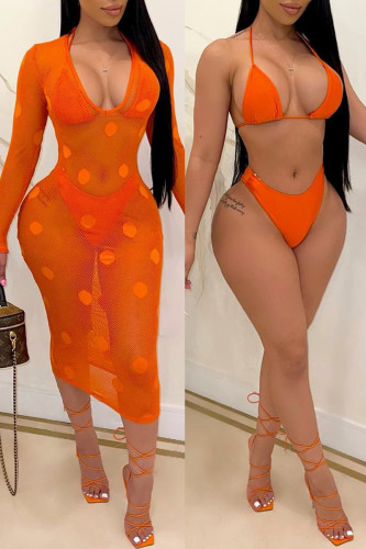 Conjunto de três peças de trajes de banho transparentes com pontos sexy laranja fashion