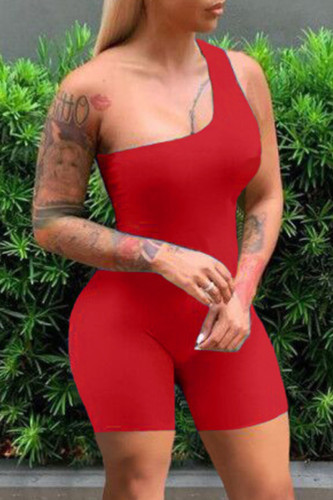 Macacão skinny vermelho fashion sexy sólido sem costas um ombro