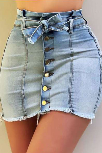 Saias jeans skinny azul claro sexy patchwork bandagem cintura média