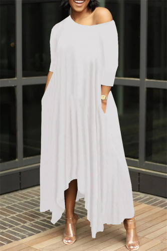 Vestidos compridos de gola oblíqua assimétrica sólida branca fashion