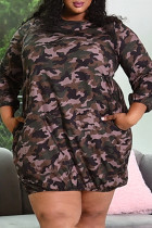 Camouflage Mode Casual Plus Size Camouflage Print Basic O-hals långärmad klänning