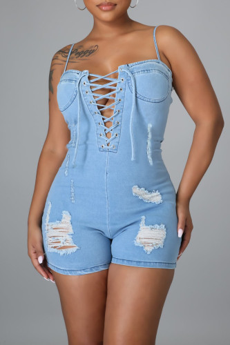 Babyblå Mode Sexig Solid Ripped Backless Spaghetti Strap Skinny Jumpsuits