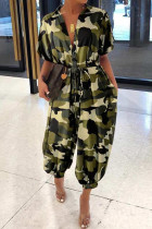 Army Green Fashion Casual Camouflage Print Basic Turndown Collar Regular Jumpsuits