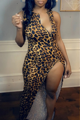 Vestido sem mangas com estampa de leopardo e estampa sexy de leopardo assimétrico com zíper