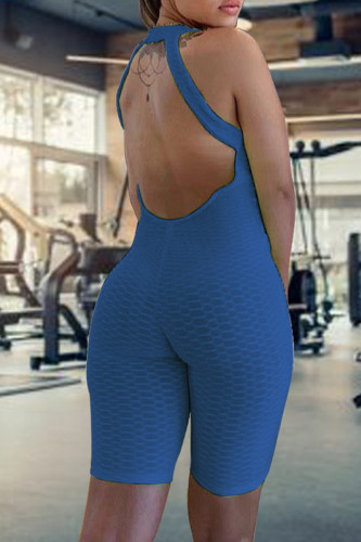Blå sexiga sportkläder Solid Backless O-hals Skinny Romper
