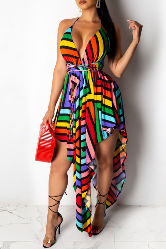 Vestidos multicoloridos com estampa sexy assimétrica alça de espaguete linha A
