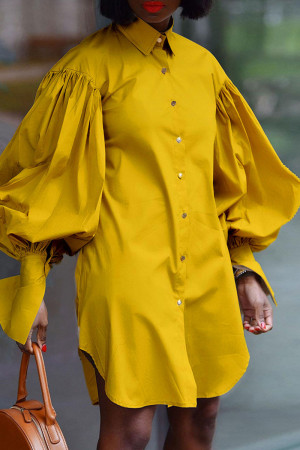 Yellow Fashion Elegant Solid Split Joint Fold Turndown Collar Tops