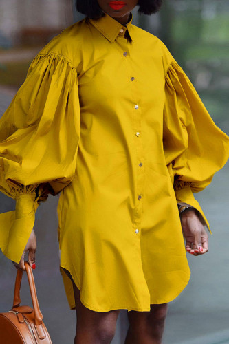 Yellow Fashion Elegant Solid Split Joint Fold Turndown Collar Tops