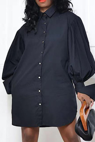 Black Fashion Elegant Solid Split Joint Fold Turndown Collar Tops