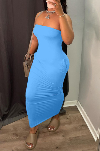 Blue Sexy Casual Solid Backless Strapless Sleeveless Dress