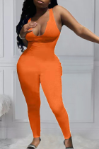 Tangerine Röd Sexig Solid Split Joint U Neck Skinny Jumpsuits