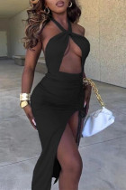 Black Sexy Solid Hollowed Out Backless Slit Halter Sleeveless Dress
