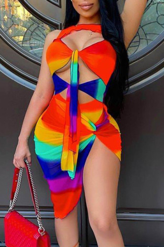 Cor do arco-íris moda sexy estampa vazada o pescoço sem manga duas peças
