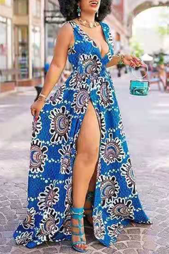 Vestidos de vestido irregulares com estampa sexy azul profundo decote em V e abertura alta