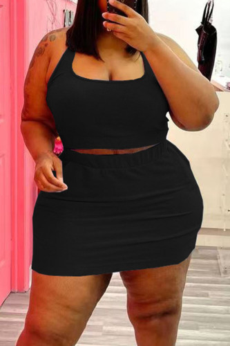 Black Casual Solid Split Joint U Neck Straight Plus Size Two Pieces