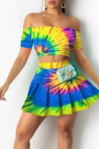 Multi-color Casual Print Patchwork Strapless Short Sleeve Two Pieces