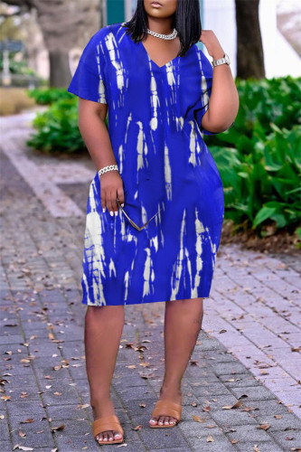 Blå Mode Casual Plus Size Print Basic V-ringad kortärmad klänning