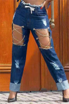 Jeans mode décontracté solide déchiré évidé chaînes taille haute bleu