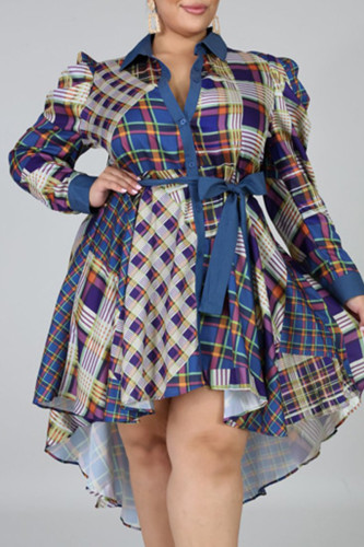 Djupblått Mode Casual Plus Size Print Split Led Turndown Collar Shirt Dress
