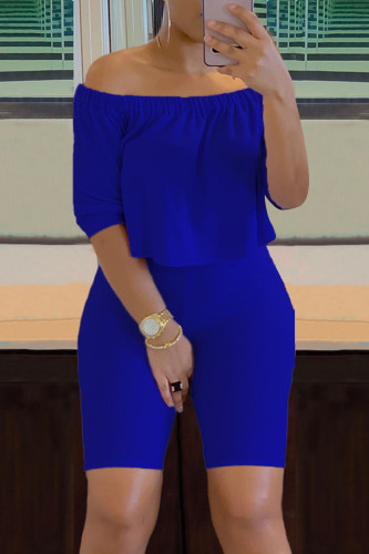 Blue Casual Solid Split Joint Off the Shoulder Three Quarter Two Pieces