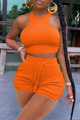 Orange Casual Sportswear Solid Vests O Neck Sleeveless Two Pieces
