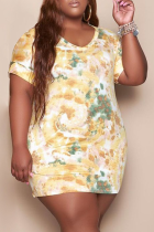 Yellow Sexy Patchwork Tie-dye V Neck Straight Plus Size Dresses