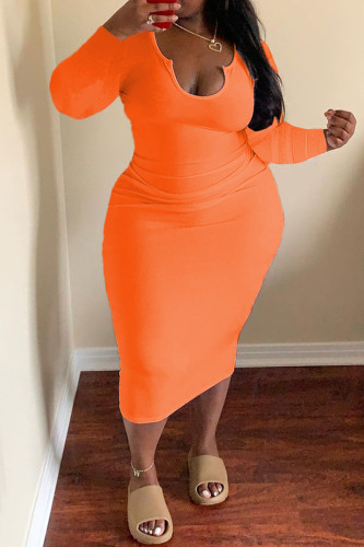 Orange Mode Casual Plus Size Solid Basic U-hals långärmade klänningar