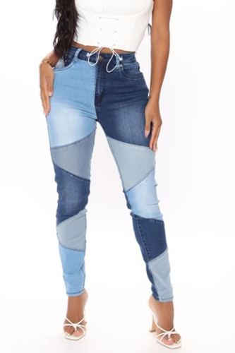 Blå Casual Color Block Patchwork Skinny Jeans med mid midja