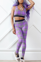 Purple Sexy Plaid Patchwork O Neck Sleeveless Two Pieces