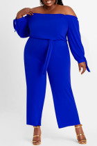 Blå Mode Casual Solid Backless Off the Shoulder Plus Size Jumpsuits