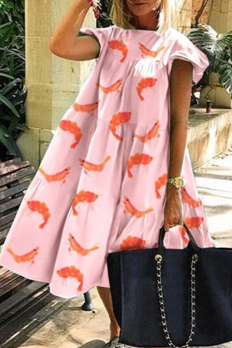 Vestidos saia-bolo com estampa casual rosa com patchwork e decote em bico