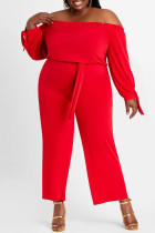 Röd Mode Casual Solid Backless Off Shoulder Plus Size Jumpsuits