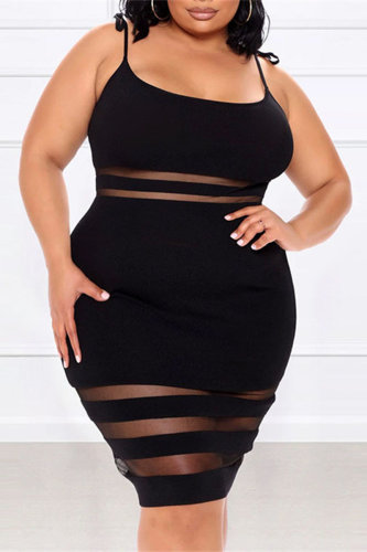 Black Fashion Sexy Plus Size Patchwork See-through Backless Spaghetti Strap Sleeveless Dress