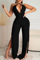 Black Sexy Solid Patchwork Halter Boot Cut Jumpsuits