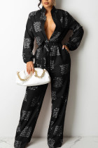 Black Fashion Casual Print Split Joint Buttons With Belt Turndown Collar Loose Jumpsuits