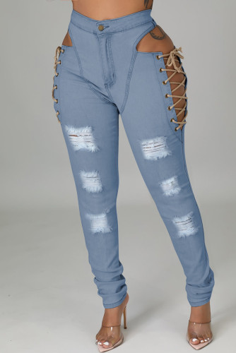 Calça jeans de cintura alta casual moda casual sólida rasgada e vazada