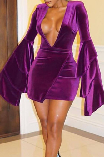 Purple Sexy Solid Split Joint Flounce V Neck Pencil Skirt Dresses