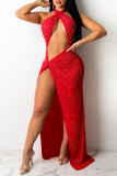 Red Sexy Hot Drilling Hollowed Out Backless Slit Halter Sleeveless Dress