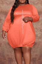 Tangerine Casual Print Split Joint O Neck Straight Plus Size Dresses
