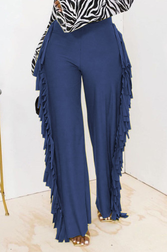 Calças retas de cor sólida com borla azul fashion cintura alta retas