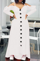 White Casual Sweet Solid Split Joint Buckle Flounce Spaghetti Strap Sling Dress Dresses