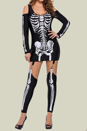 Svart Halloween Sexig Party Split Joint Print Kostymer